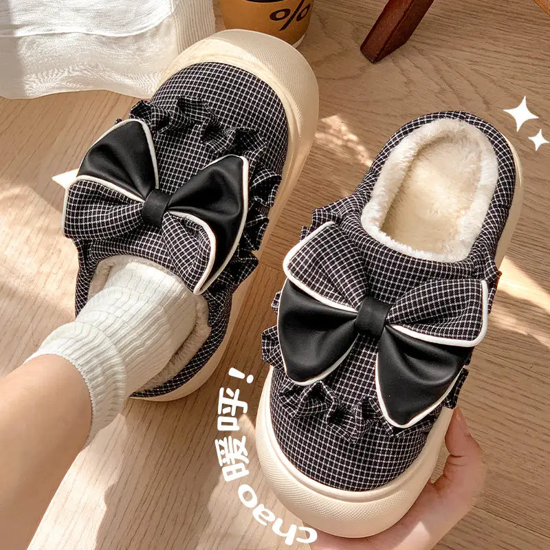 2025 New Winter Cotton Slippers for Women, Mesh Girls' Sweet Bow Fleece-Lined Warm Thick-Soled Shoes for Home and Outdoor Wear - Image 5