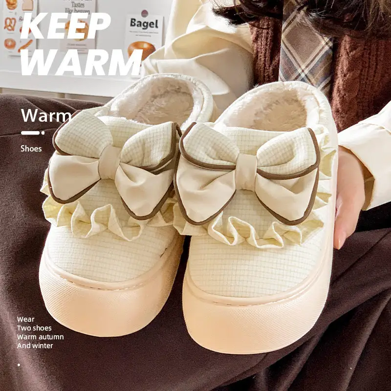 2025 New Winter Cotton Slippers for Women, Mesh Girls' Sweet Bow Fleece-Lined Warm Thick-Soled Shoes for Home and Outdoor Wear - Image 6