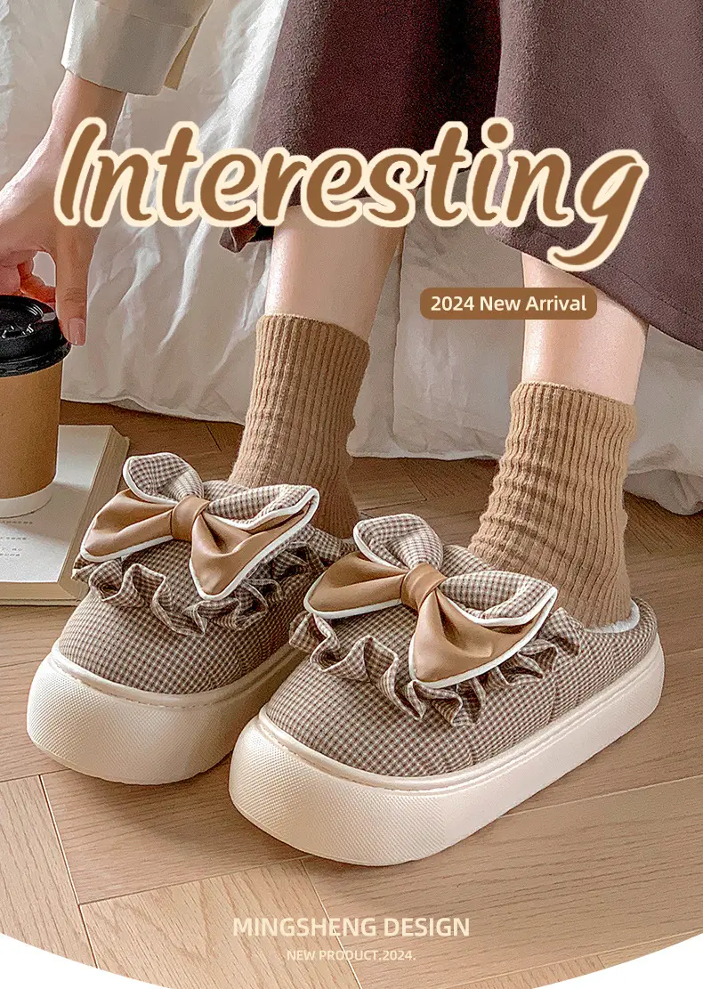 2025 New Winter Cotton Slippers for Women, Mesh Girls' Sweet Bow Fleece-Lined Warm Thick-Soled Shoes for Home and Outdoor Wear — feature 1