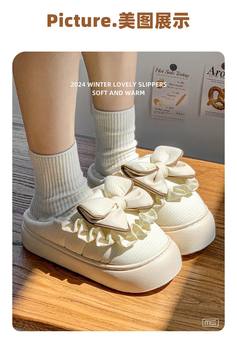2025 New Winter Cotton Slippers for Women, Mesh Girls' Sweet Bow Fleece-Lined Warm Thick-Soled Shoes for Home and Outdoor Wear — feature 4
