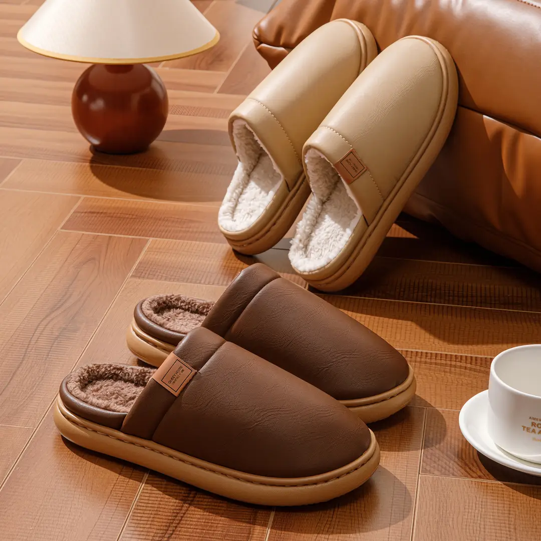 Waterproof Pu Leather Cotton Slippers for Men and Women in Winter Indoor Fleece-Lined to Heattech Home Non-Slip Anti-Odor Antibacterial Slippers for Autumn and Winter - Image 6