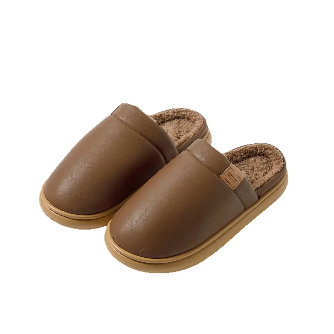 Waterproof Pu Leather Cotton Slippers for Men and Women in Winter Indoor Fleece-Lined to Heattech Home Non-Slip Anti-Odor Antibacterial Slippers for Autumn and Winter - Image 9