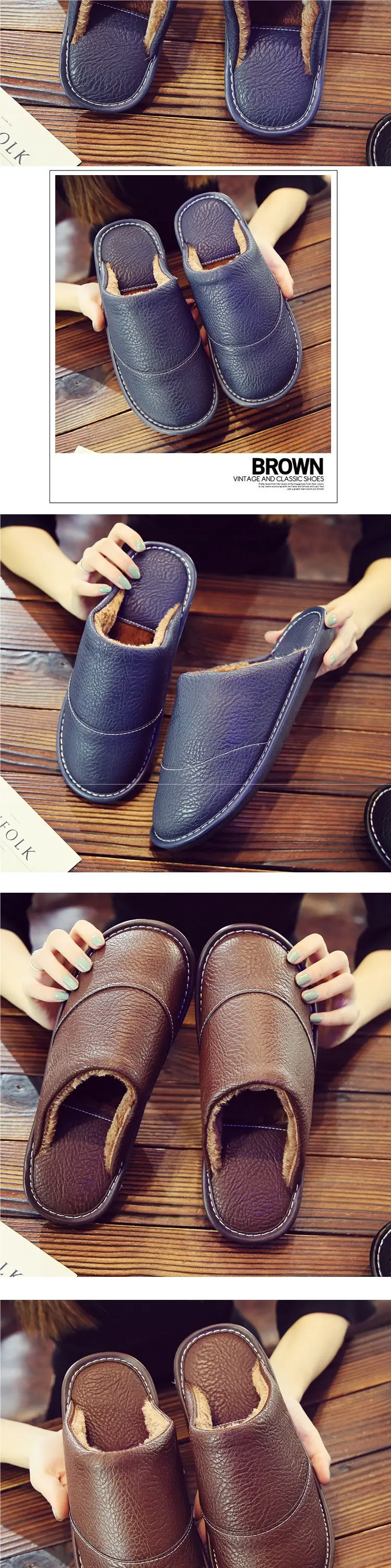 Leather Slippers for Men in Winter for Home Wooden Floor Cotton Indoor Home Deodorant Anti-Slip Women's Winter Home — feature 8