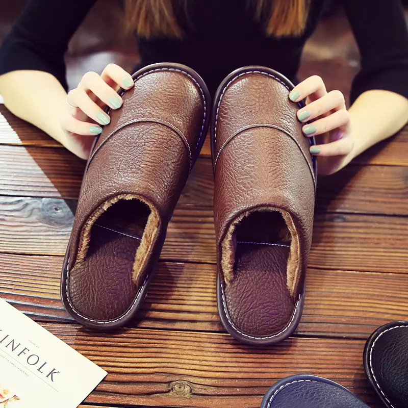 Leather Slippers for Men in Winter for Home Wooden Floor Cotton Indoor Home Deodorant Anti-Slip Women's Winter Home - Image 2