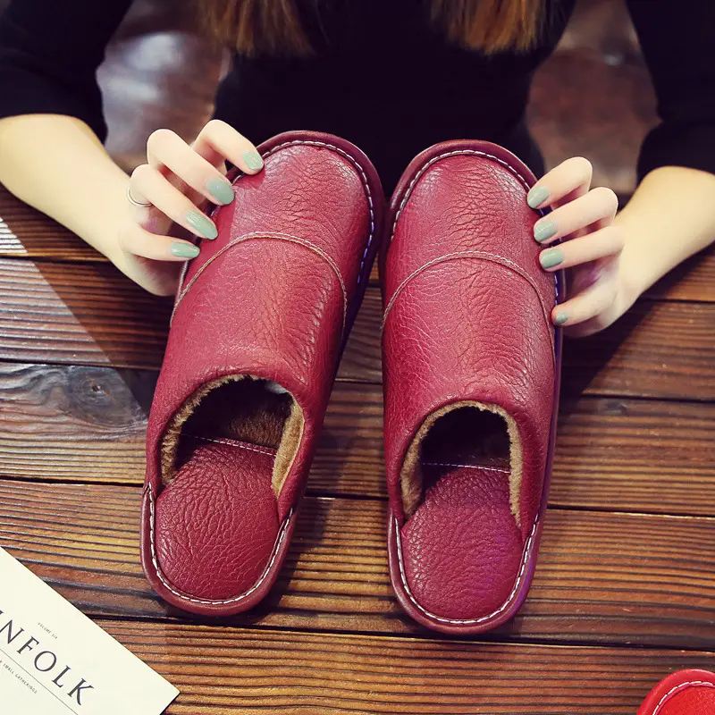 Leather Slippers for Men in Winter for Home Wooden Floor Cotton Indoor Home Deodorant Anti-Slip Women's Winter Home - Image 3