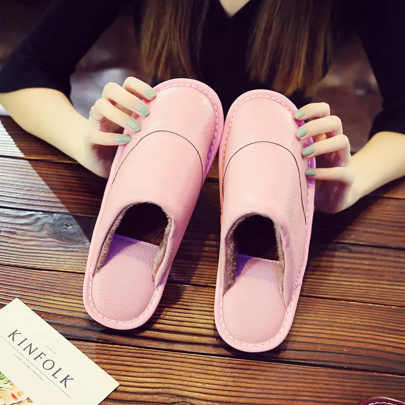 Leather Slippers for Men in Winter for Home Wooden Floor Cotton Indoor Home Deodorant Anti-Slip Women's Winter Home - Image 4