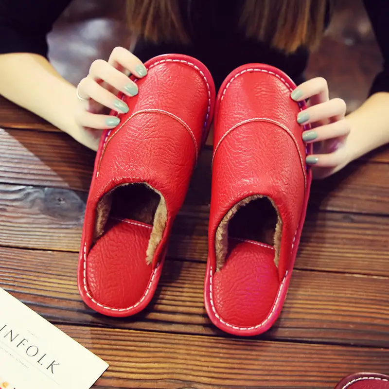 Leather Slippers for Men in Winter for Home Wooden Floor Cotton Indoor Home Deodorant Anti-Slip Women's Winter Home - Image 5