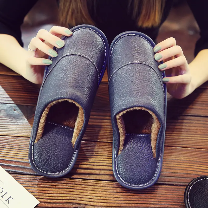 Leather Slippers for Men in Winter for Home Wooden Floor Cotton Indoor Home Deodorant Anti-Slip Women's Winter Home - Image 6