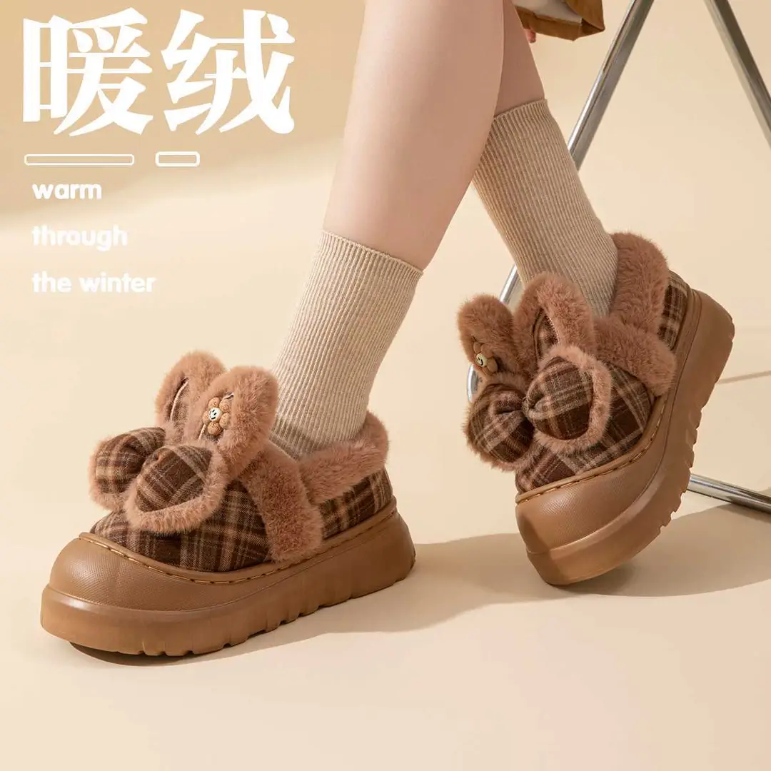 Women's Winter Indoor Thick-Soled Cotton Slippers with Bow, Cute Fleece-Lined Warm Postpartum Outdoor Furry Slippers for Women — feature 2