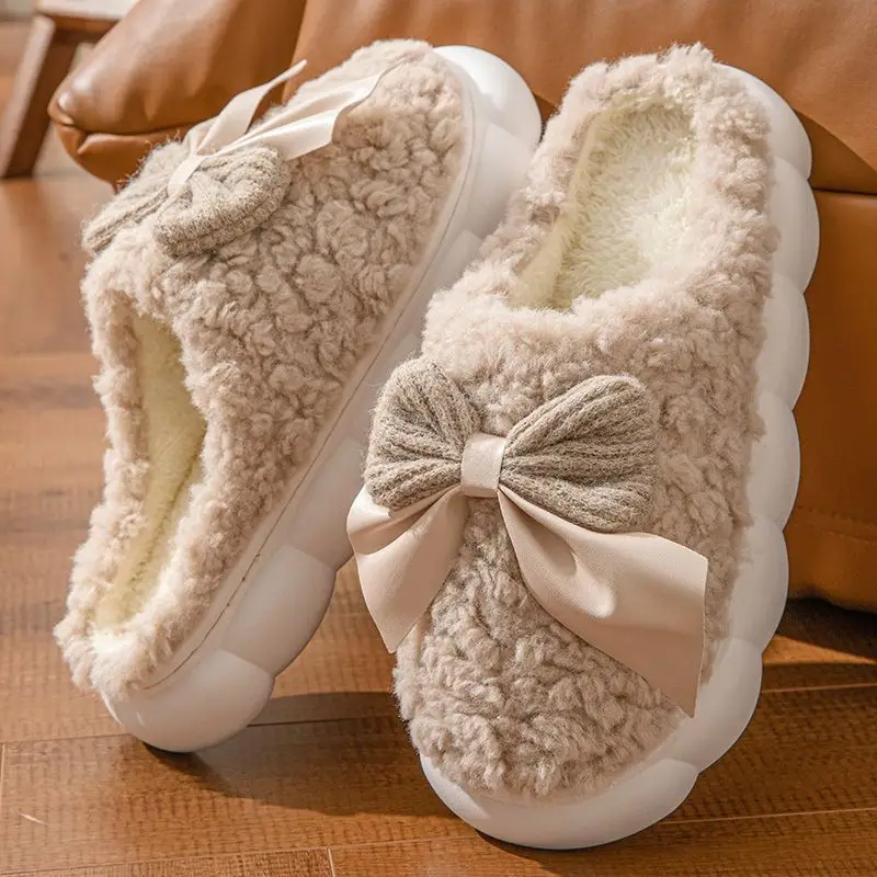 Sweet Bow Cotton Slippers for Women Autumn and Winter Indoor Home Girls Non-Slip Thick-Soled Home Plush Slippers Wholesale - Image 4