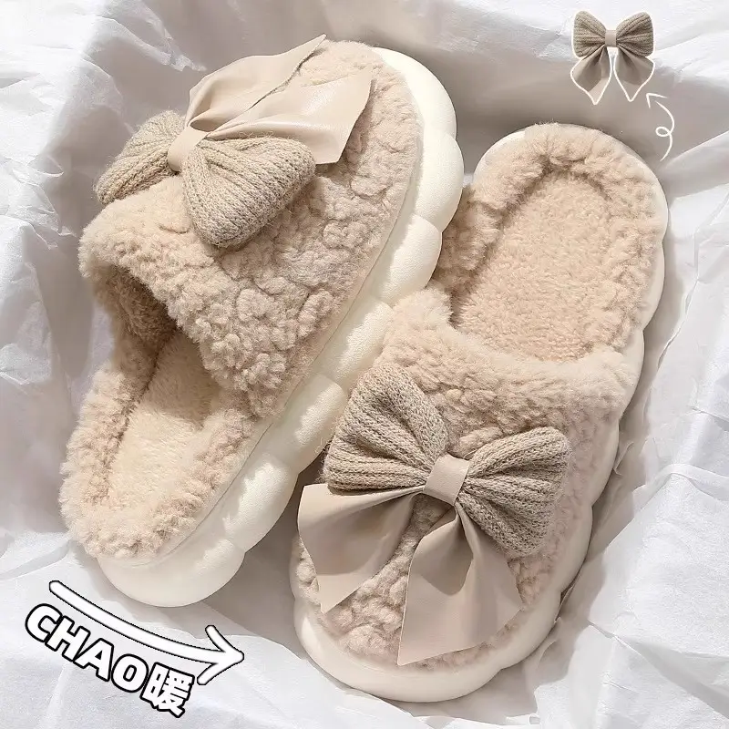Sweet Bow Cotton Slippers for Women Autumn and Winter Indoor Home Girls Non-Slip Thick-Soled Home Plush Slippers Wholesale - Image 5