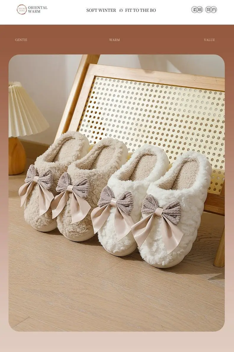 Sweet Bow Cotton Slippers for Women Autumn and Winter Indoor Home Girls Non-Slip Thick-Soled Home Plush Slippers Wholesale — feature 6