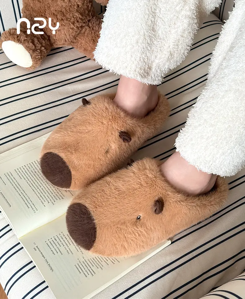 Qidan Shoe Factory Kapibara Cotton Slippers Women's Autumn and Winter Home Indoor Fleece-Lined Warm Anti-Slip Couple Cotton Slippers — feature 1