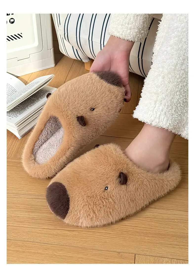 Qidan Shoe Factory Kapibara Cotton Slippers Women's Autumn and Winter Home Indoor Fleece-Lined Warm Anti-Slip Couple Cotton Slippers — feature 3