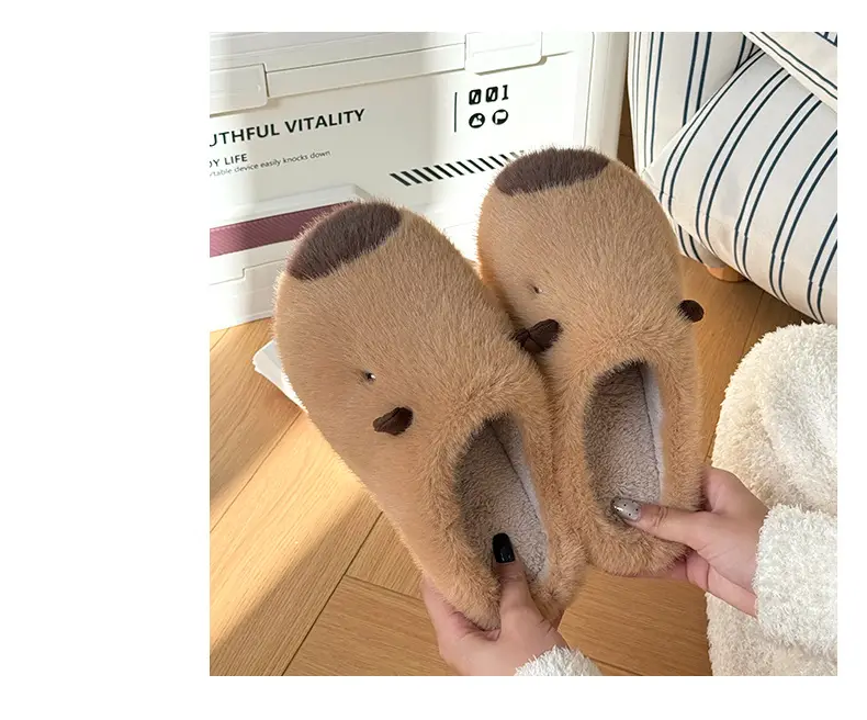 Qidan Shoe Factory Kapibara Cotton Slippers Women's Autumn and Winter Home Indoor Fleece-Lined Warm Anti-Slip Couple Cotton Slippers — feature 4