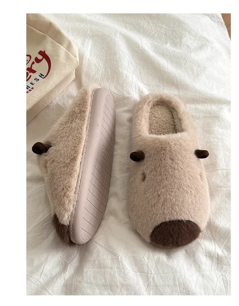 Qidan Shoe Factory Kapibara Cotton Slippers Women's Autumn and Winter Home Indoor Fleece-Lined Warm Anti-Slip Couple Cotton Slippers — feature 6