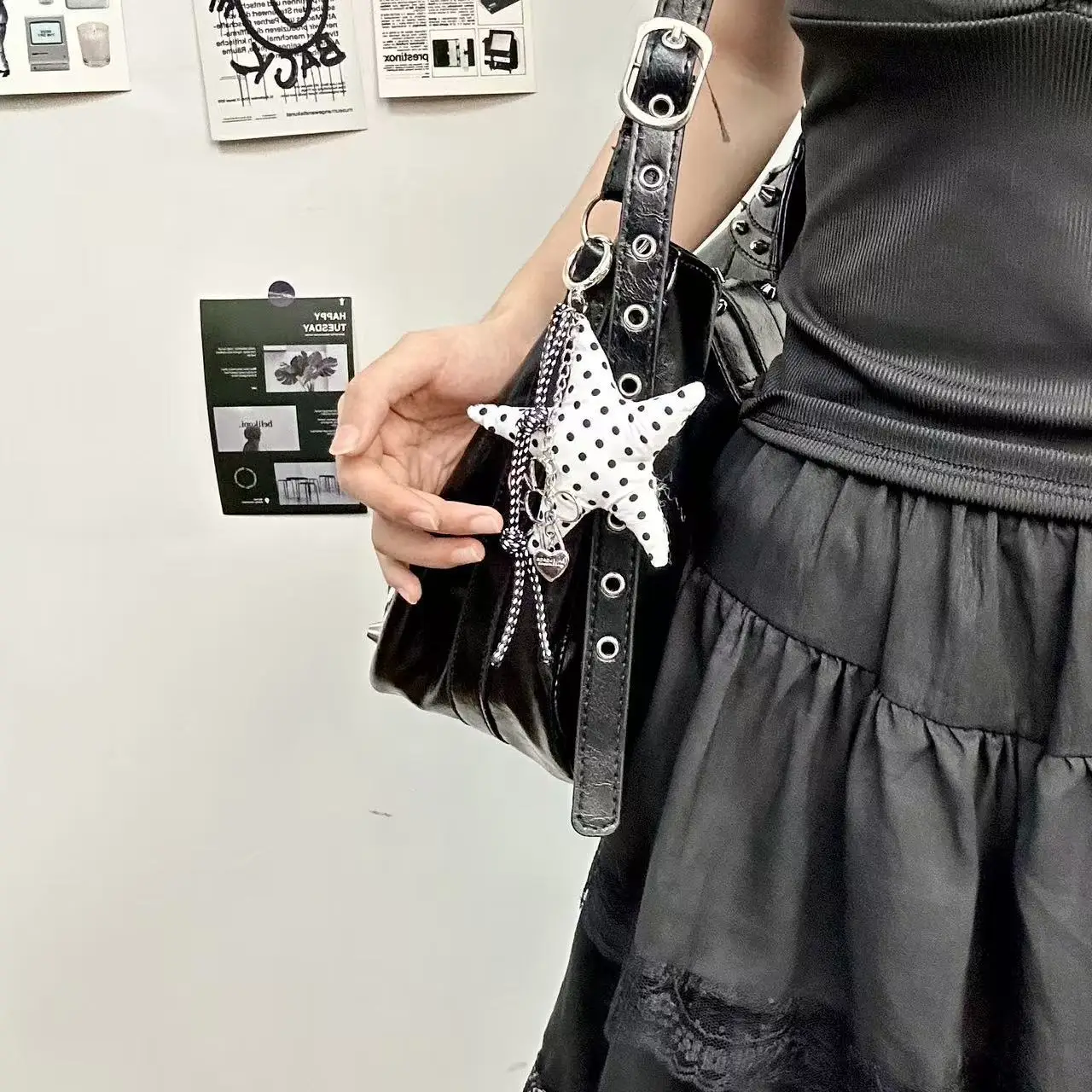 Retro Star Polka Dot Crossbody Bag with Keychain