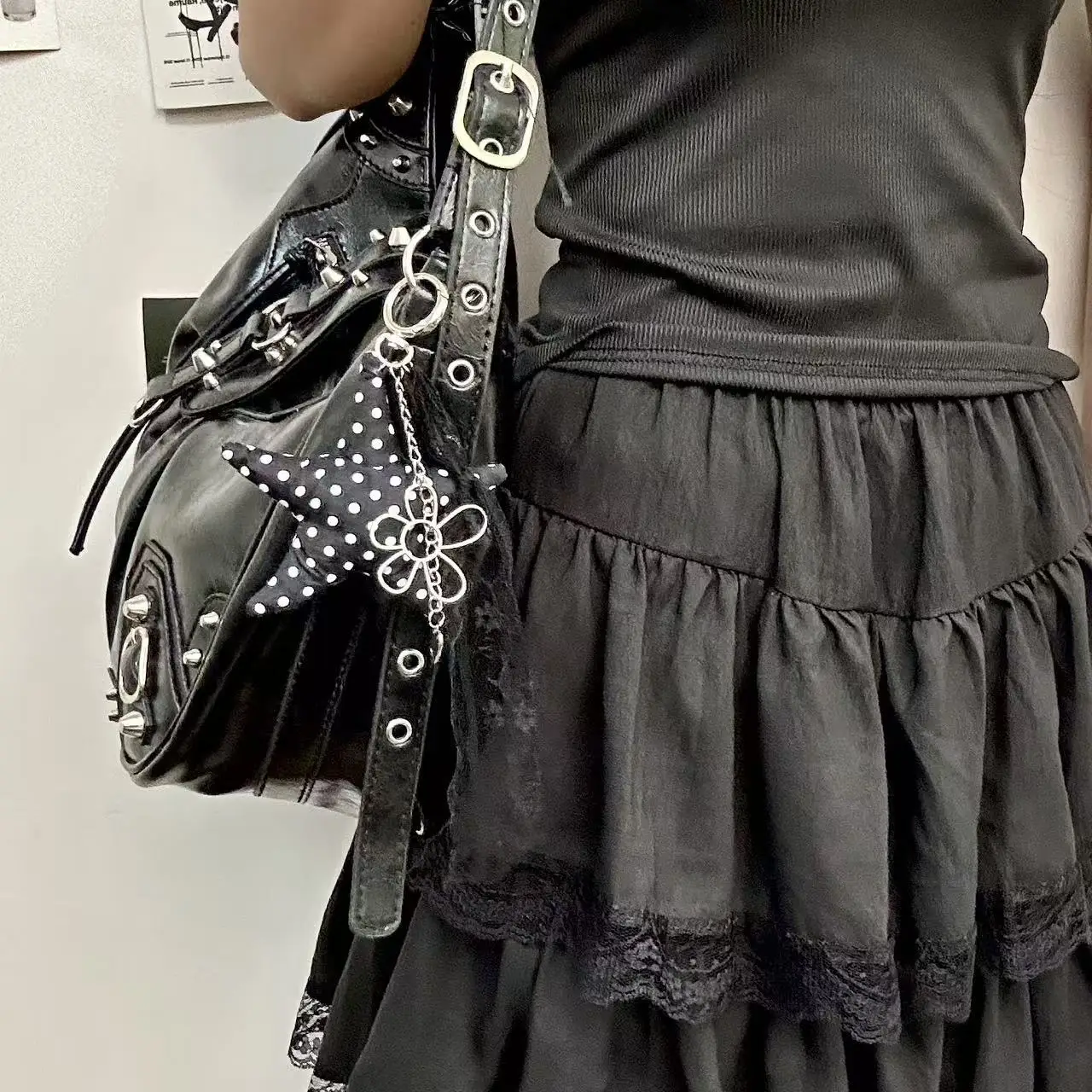 Retro Star Polka Dot Crossbody Bag with Keychain