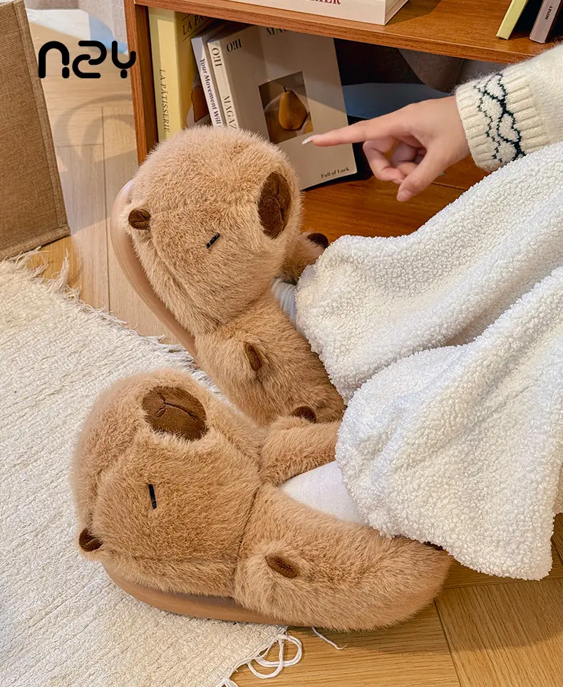 Qidan Shoe Factory Kapibara Cotton Slippers for Women in Autumn and Winter Home Indoor Fleece-Lined Warm Anti-Slip Couple Cotton Shoes for Men — feature 1