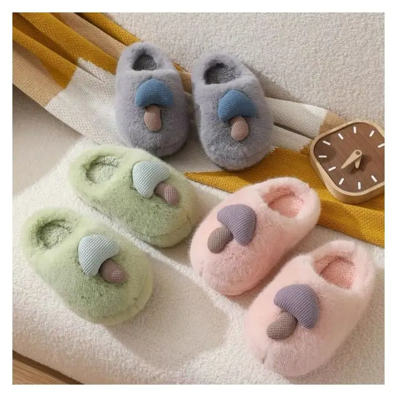 Cute Mushroom Cotton Slippers with Thick Soles for Women, Winter Indoor Home Non-Slip Plush Warm Toe-Toe Slippers for Men