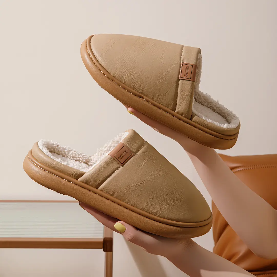 Deodorant and Antibacterial Pu Leather Cotton Slippers for Men and Women in Winter Indoor Fleece-Lined to Heattech Home Non-Slip Waterproof Slippers for Autumn and Winter - Image 6