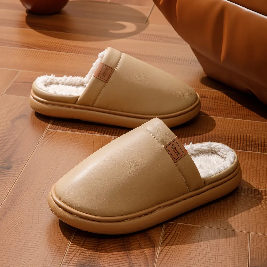 Deodorant and Antibacterial Pu Leather Cotton Slippers for Men and Women in Winter Indoor Fleece-Lined to Heattech Home Non-Slip Waterproof Slippers for Autumn and Winter - Image 7