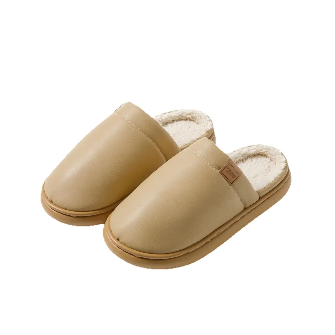 Deodorant and Antibacterial Pu Leather Cotton Slippers for Men and Women in Winter Indoor Fleece-Lined to Heattech Home Non-Slip Waterproof Slippers for Autumn and Winter - Image 9