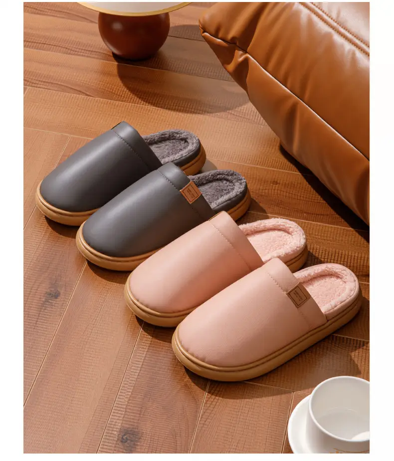 Deodorant and Antibacterial Pu Leather Cotton Slippers for Men and Women in Winter Indoor Fleece-Lined to Heattech Home Non-Slip Waterproof Slippers for Autumn and Winter — feature 15