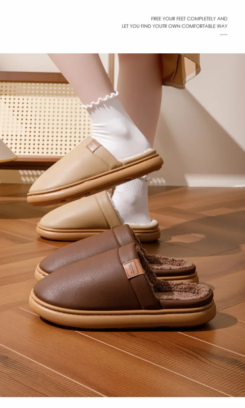 Deodorant and Antibacterial Pu Leather Cotton Slippers for Men and Women in Winter Indoor Fleece-Lined to Heattech Home Non-Slip Waterproof Slippers for Autumn and Winter — feature 17