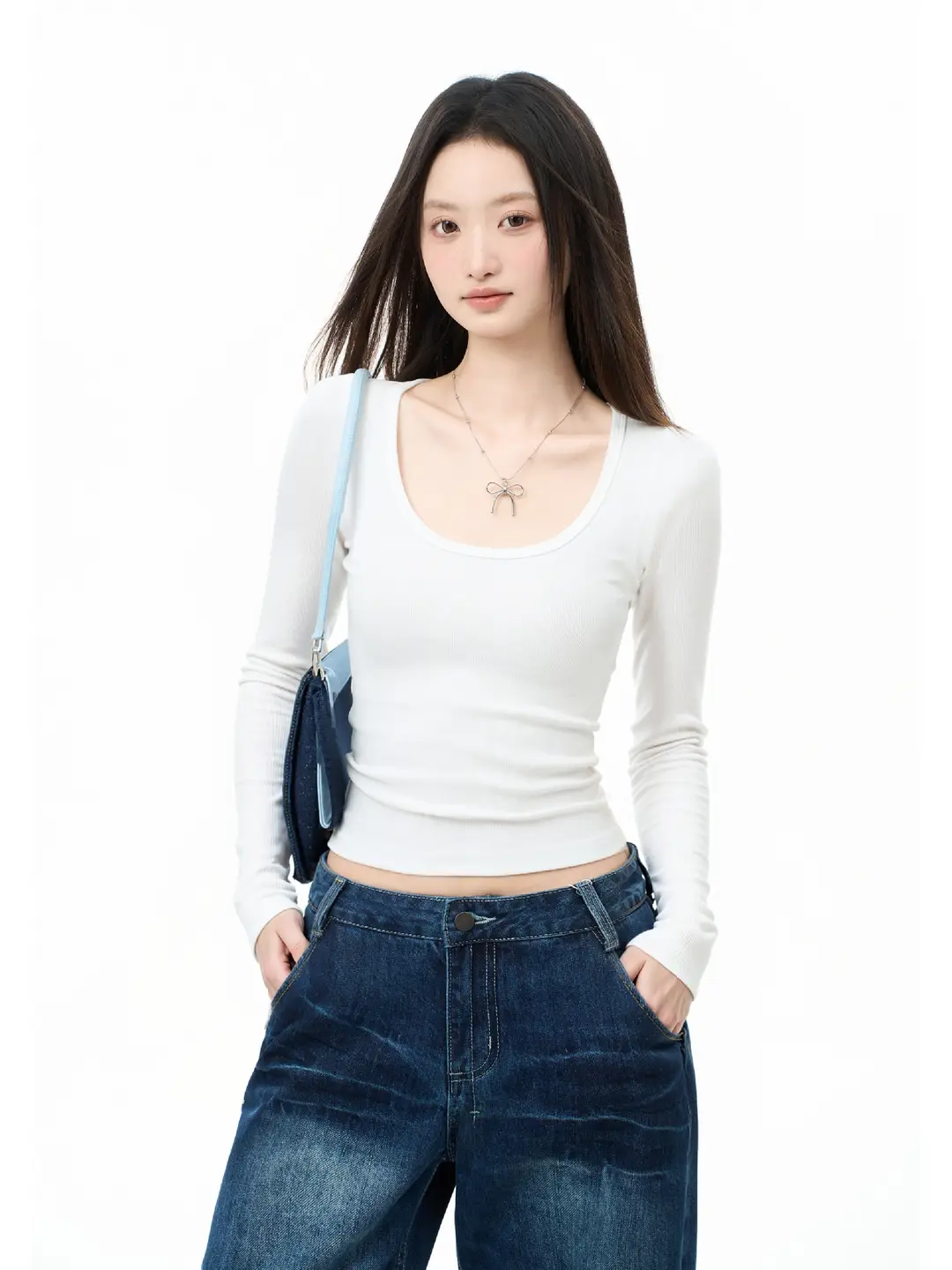 Square Collar Long Sleeve Top Women's Autumn Inner Wear Bottoming Shirt Slim Fit Right Shoulder Large Neckline T-Shirt