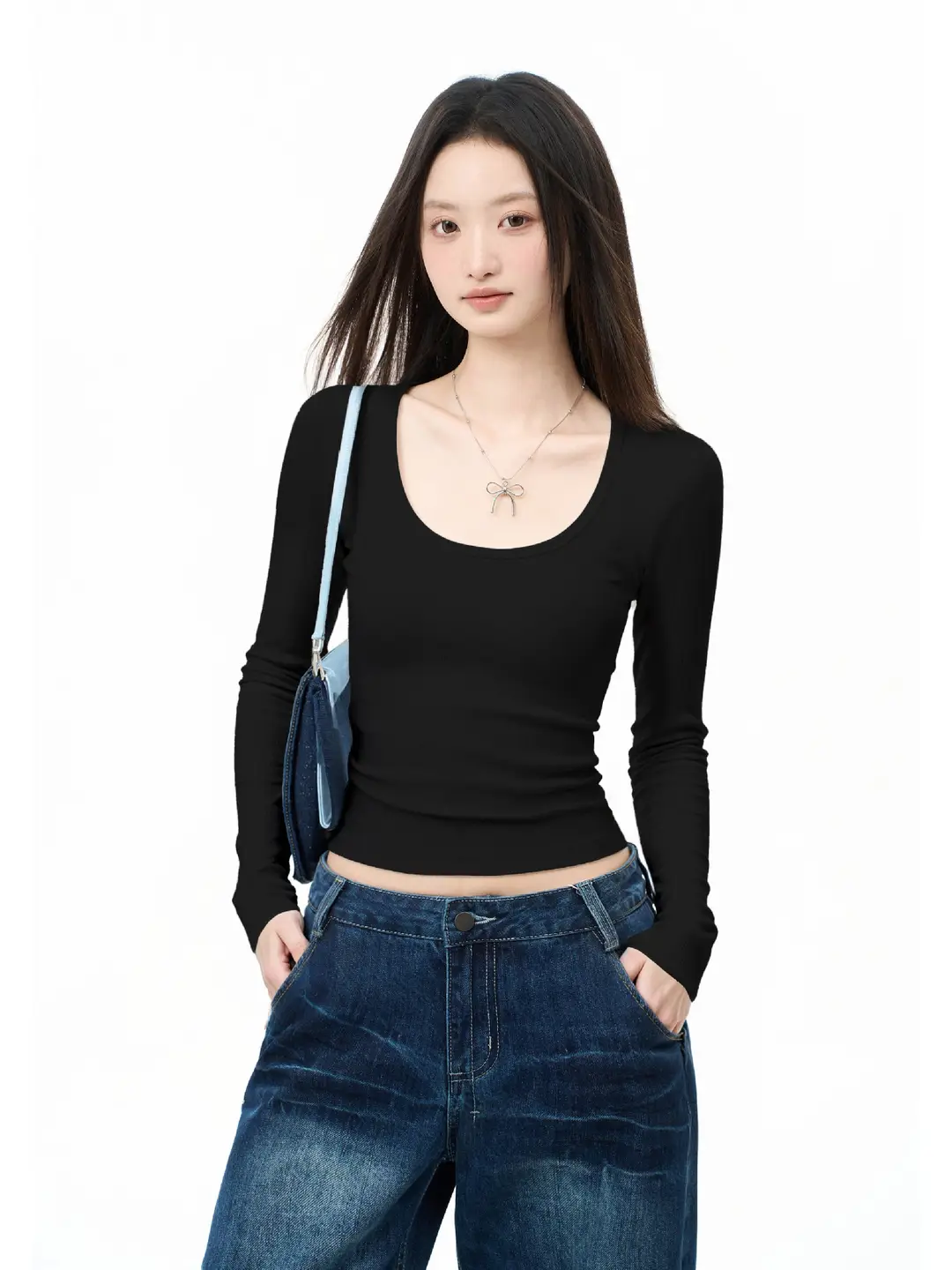 Square Collar Long Sleeve Top Women's Autumn Inner Wear Bottoming Shirt Slim Fit Right Shoulder Large Neckline T-Shirt