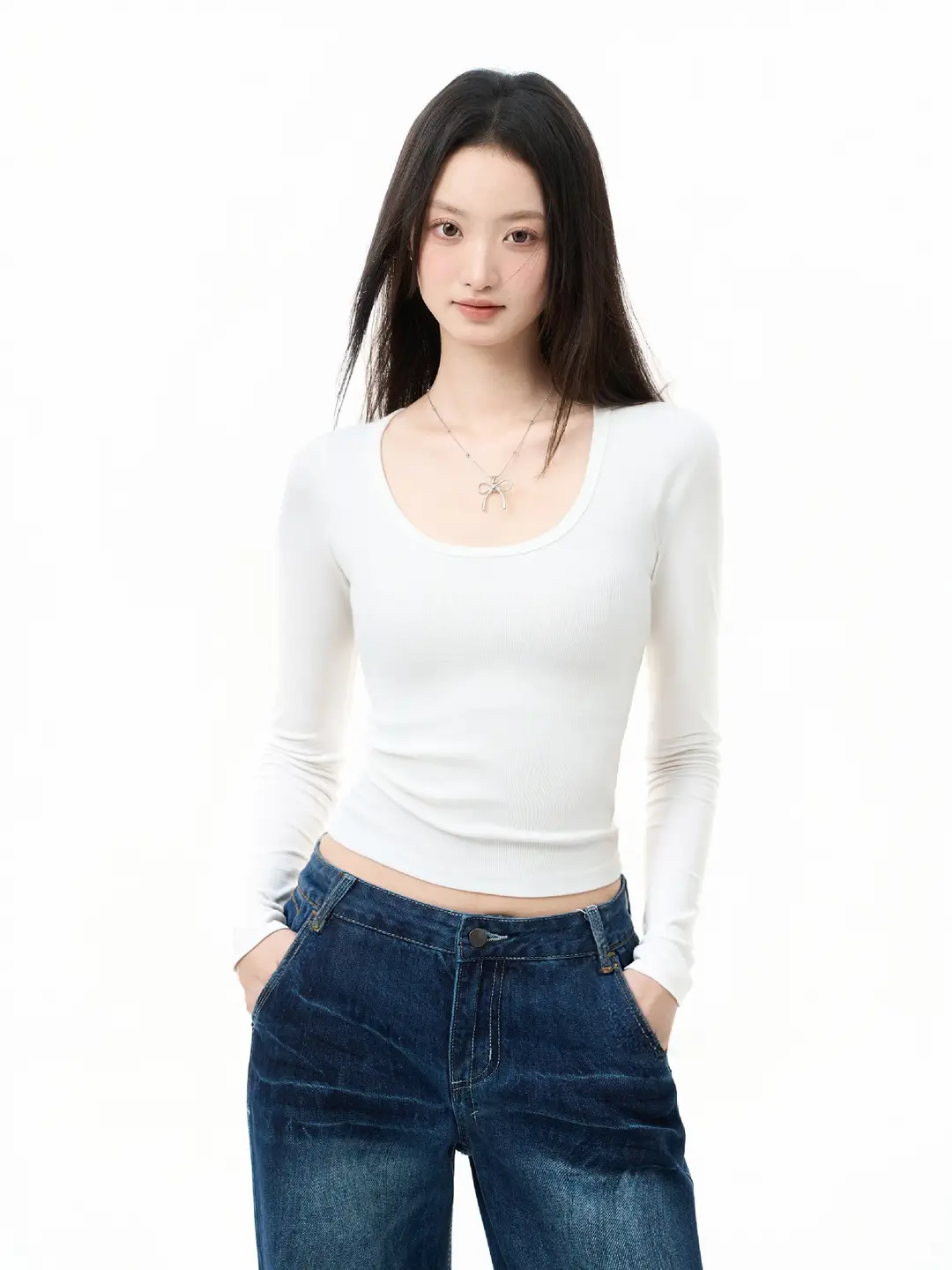 Square Collar Long Sleeve Top Women's Autumn Inner Wear Bottoming Shirt Slim Fit Right Shoulder Large Neckline T-Shirt