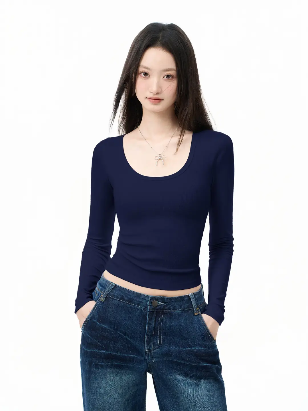 Square Collar Long Sleeve Top Women's Autumn Inner Wear Bottoming Shirt Slim Fit Right Shoulder Large Neckline T-Shirt — feature 2