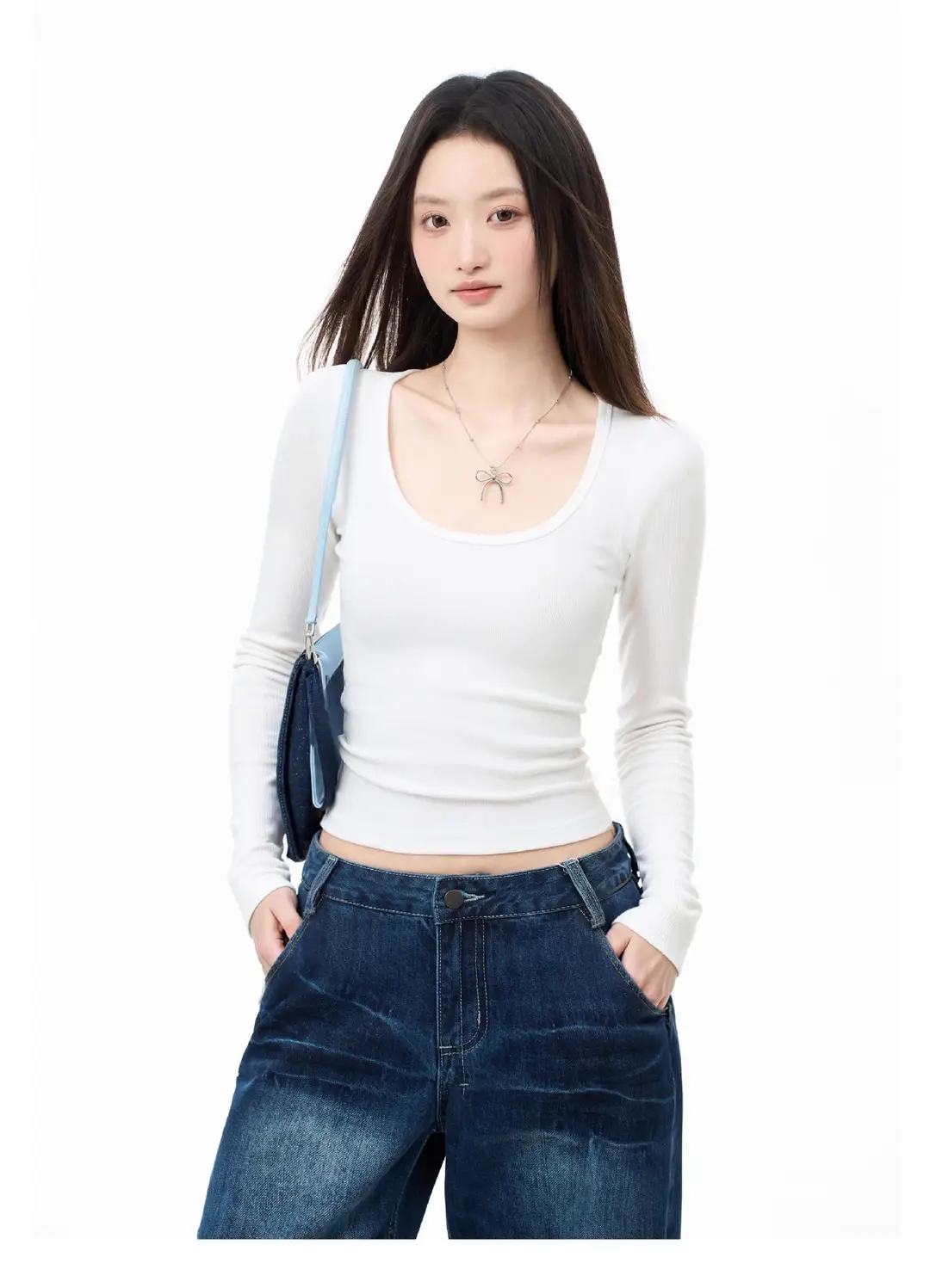 Square Collar Long Sleeve Top Women's Autumn Inner Wear Bottoming Shirt Slim Fit Right Shoulder Large Neckline T-Shirt — feature 7