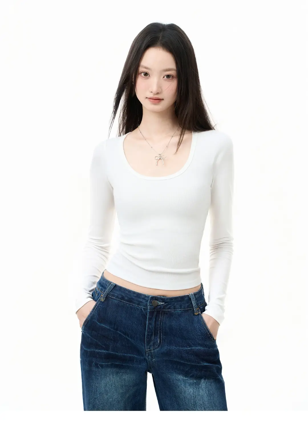 Square Collar Long Sleeve Top Women's Autumn Inner Wear Bottoming Shirt Slim Fit Right Shoulder Large Neckline T-Shirt — feature 8