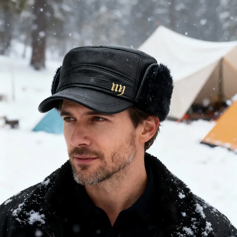 Men Winter Warm Flat Cap with Fur Trim