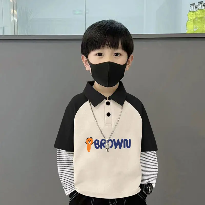 Boys Turn-Down Polo Shirt Green Black New Spring Autumn Style