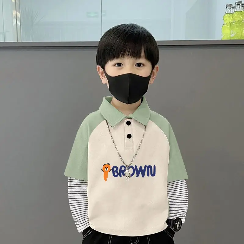 Boys Turn-Down Polo Shirt Green Black New Spring Autumn Style