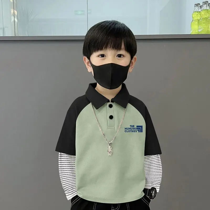 Boys Turn-Down Polo Shirt Green Black New Spring Autumn Style