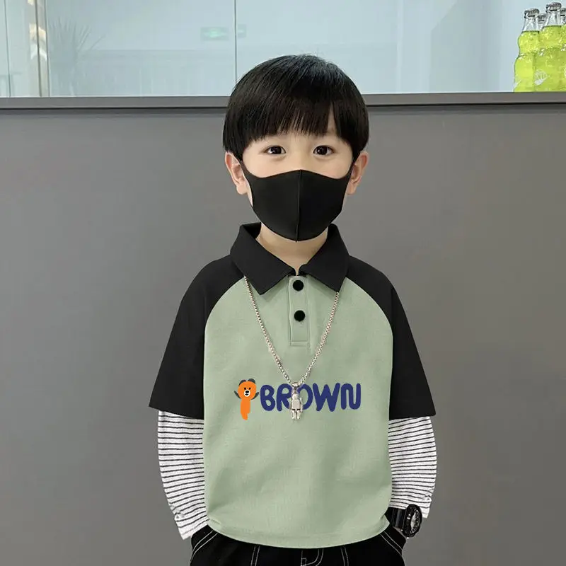 Boys Turn-Down Polo Shirt Green Black New Spring Autumn Style