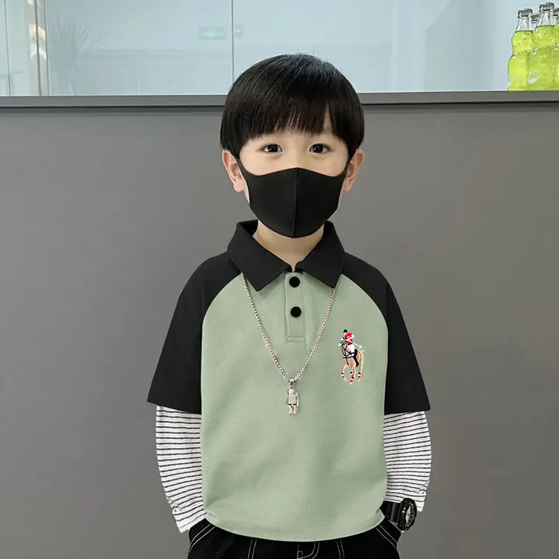 Boys Turn-Down Polo Shirt Green Black New Spring Autumn Style