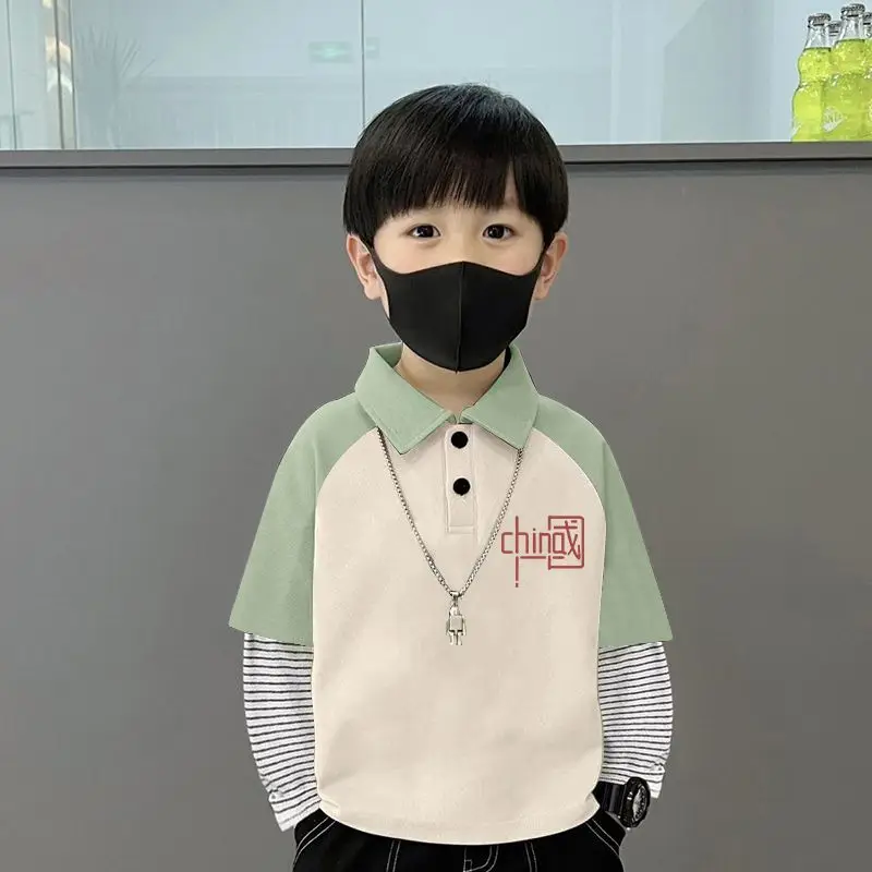 Boys Turn-Down Polo Shirt Green Black New Spring Autumn Style