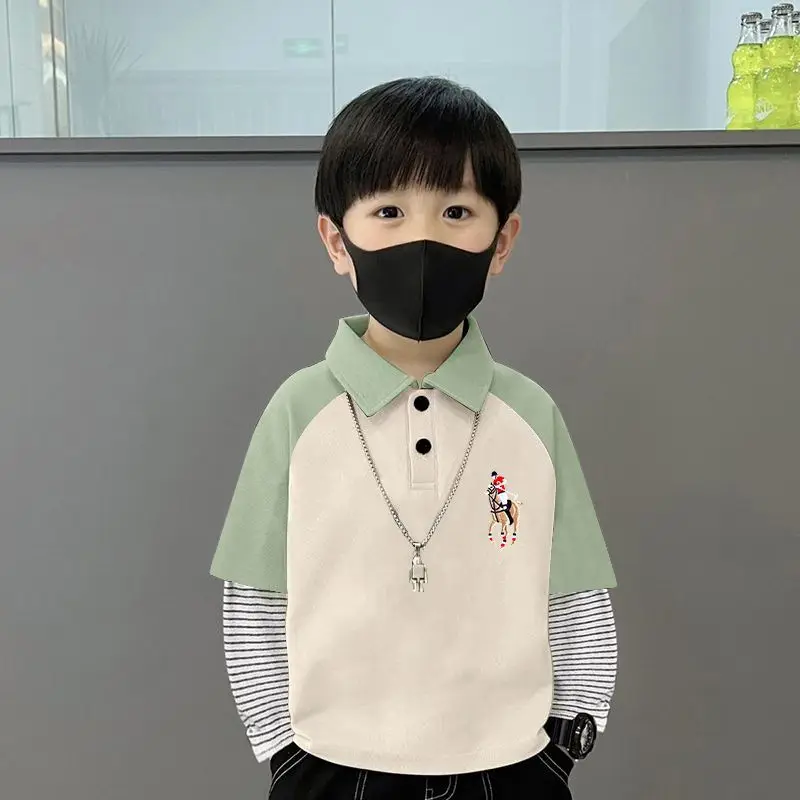 Boys Turn-Down Polo Shirt Green Black New Spring Autumn Style