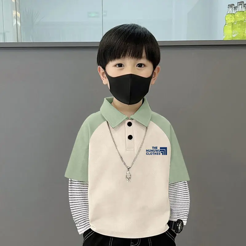 Boys Turn-Down Polo Shirt Green Black New Spring Autumn Style