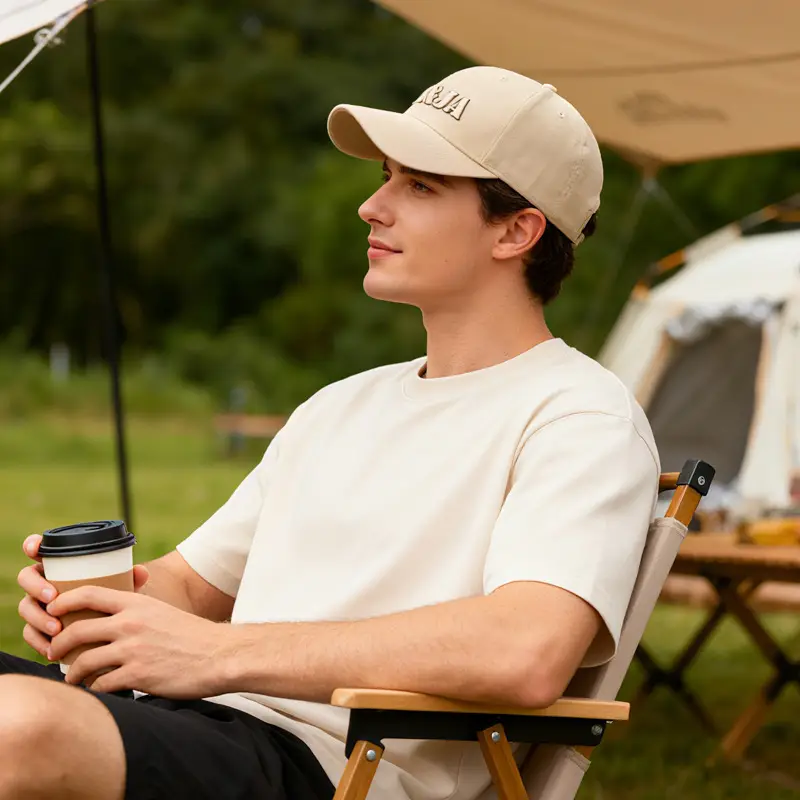 Men Beige Baseball Cap Sun Hat with Embroidered Design - Image 9