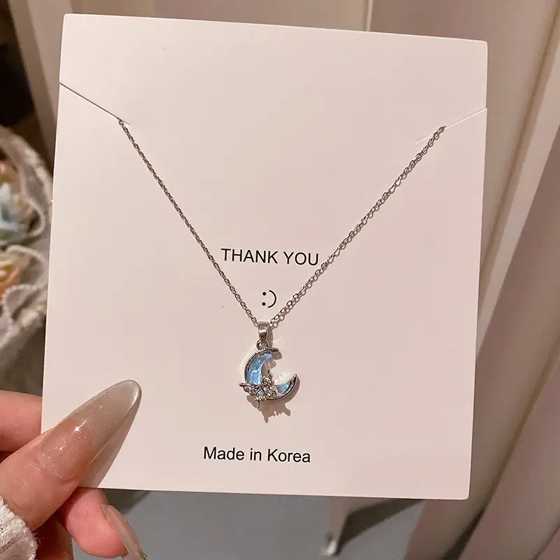 Blue Crescent Titanium Necklace with Butterfly Pendant & Clavicle Chain - Image 4