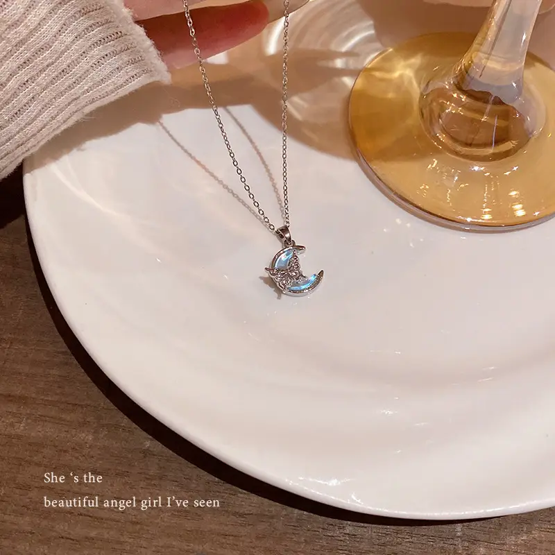 Blue Crescent Titanium Necklace with Butterfly Pendant & Clavicle Chain - Image 5