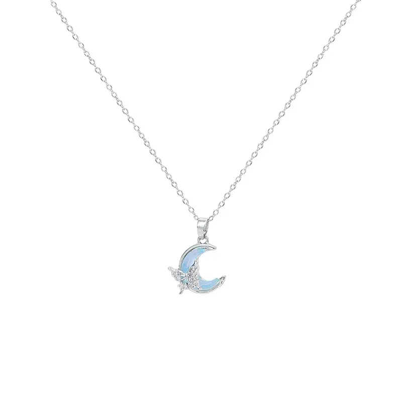 Blue Crescent Titanium Necklace with Butterfly Pendant & Clavicle Chain - Image 6