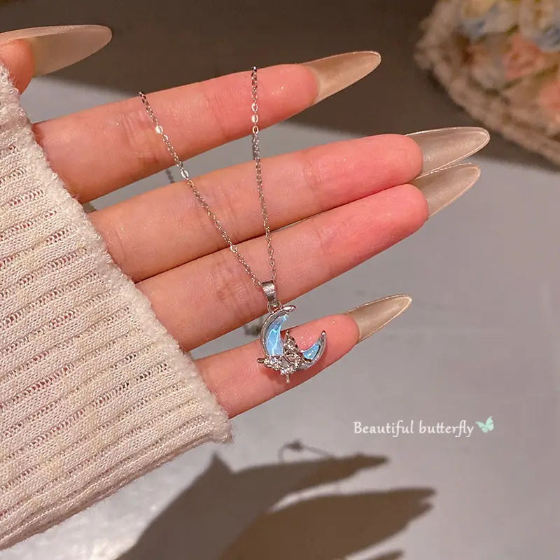 Blue Crescent Titanium Necklace with Butterfly Pendant & Clavicle Chain