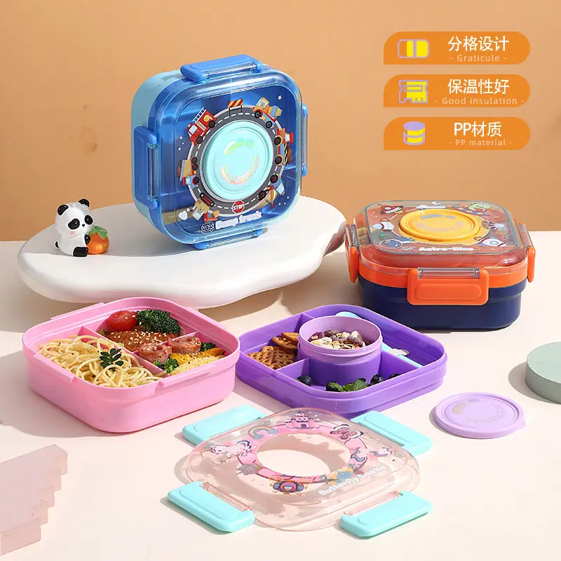 New Plastic Lunch Box, Kidsren's Compartmented Lunch Box, Student Cartoon Lunch Box with Lid, Microwave Oven Heating Spoon, Sauce Cup